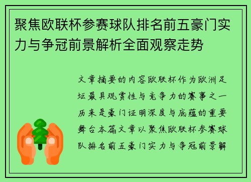 聚焦欧联杯参赛球队排名前五豪门实力与争冠前景解析全面观察走势