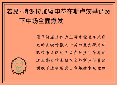 若昂·特谢拉加盟申花在斯卢茨基调教下中场全面爆发